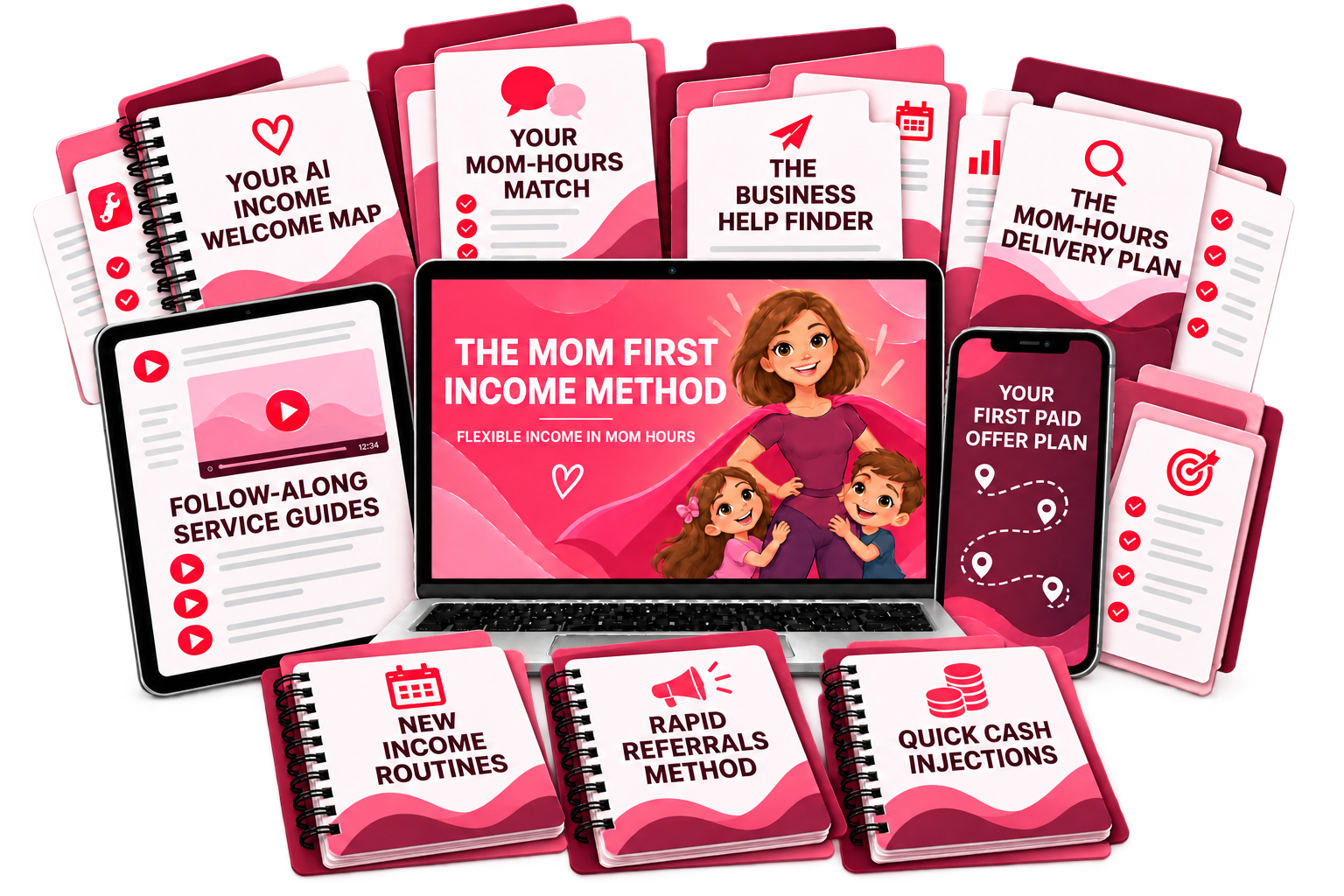 The Mom First Income Method digital collection showing the six guided steps, New Income Routines, Rapid Referrals Method and Quick Cash Injections